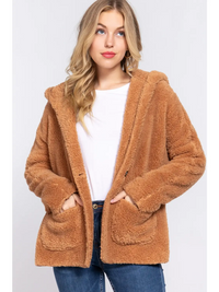 Long Dolman Sleeve Hoodie Sherpa Jacket in Khaki-Lemons and Limes Boutique