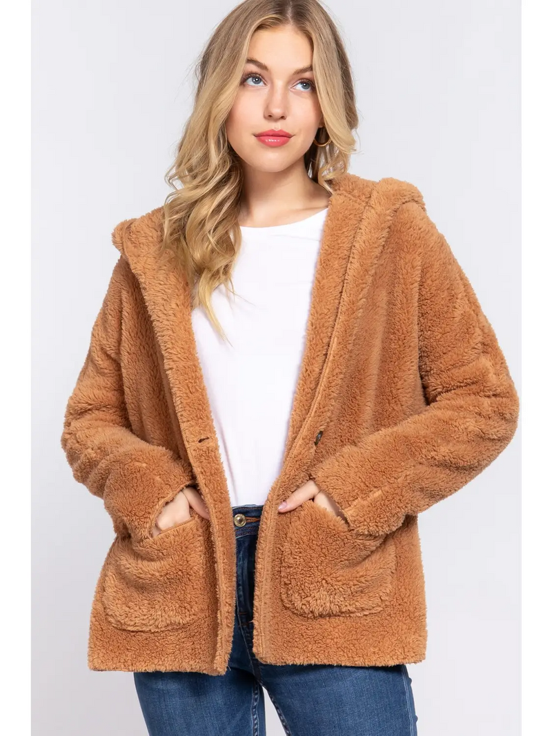 Long Dolman Sleeve Hoodie Sherpa Jacket in Khaki-Lemons and Limes Boutique