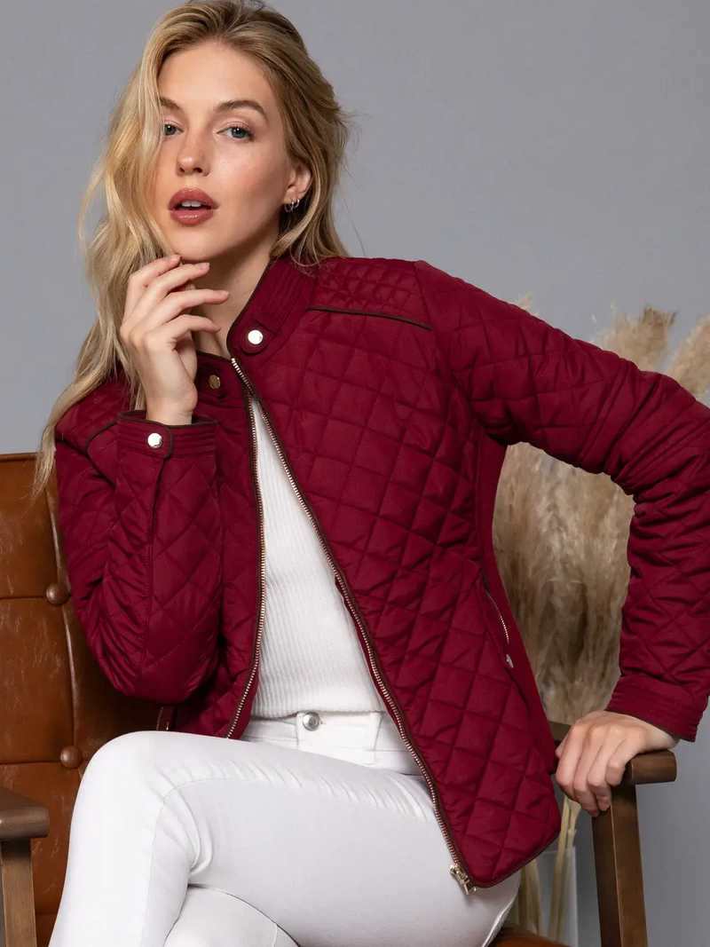 Suede Piping Detail Rib Quilted Padded Jacket in Dark Burgundy-Lemons and Limes Boutique