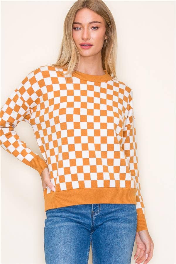 Checkerboard Crew Neck Color Rib Pullover Sweater in Marigold--Lemons and Limes Boutique