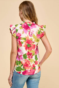 Floral Printed V neck with Ruffled Short Sleeves Pink Print--Lemons and Limes Boutique