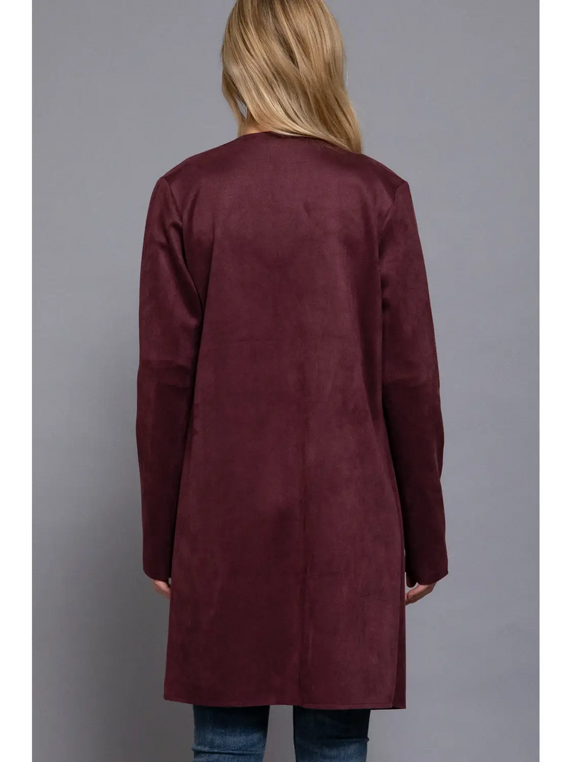 Long Sleeve Front Two Zipper Detail Faux Suede Long Jacket in Cherry Coke-Lemons and Limes Boutique