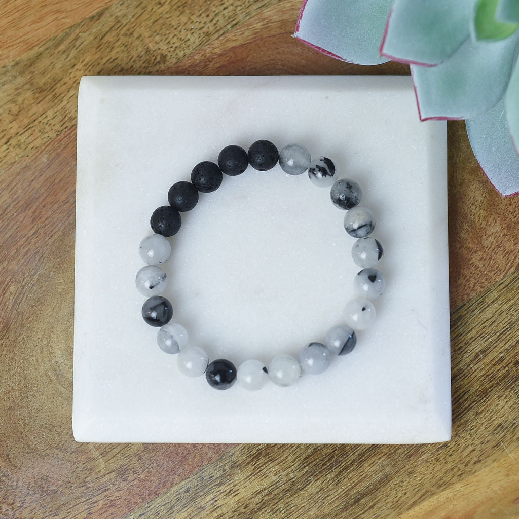 Natural Stone and Lava Bead Stretch Bracelet-Bracelet-Black / White-Lemons and Limes Boutique