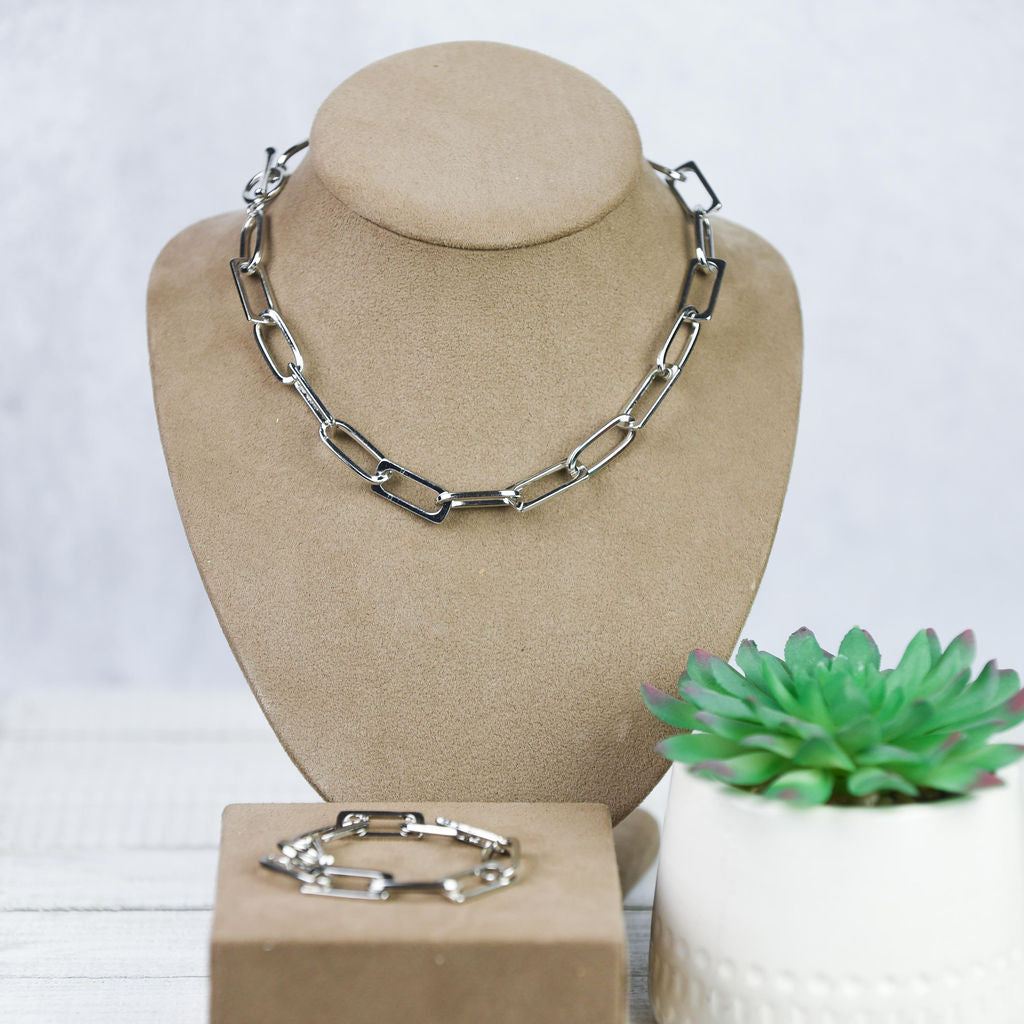 Serena Link Necklace and Bangle Bracelet with Toggle Closure In Gold or Silver-Necklace-Silver-Lemons and Limes Boutique