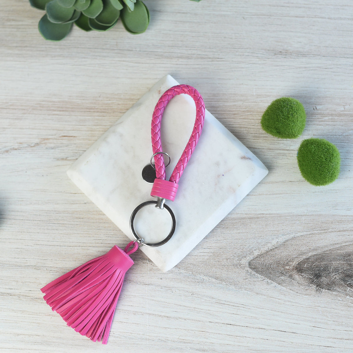 Braided Faux Leather Keychain with Tassel-Pink-Lemons and Limes Boutique