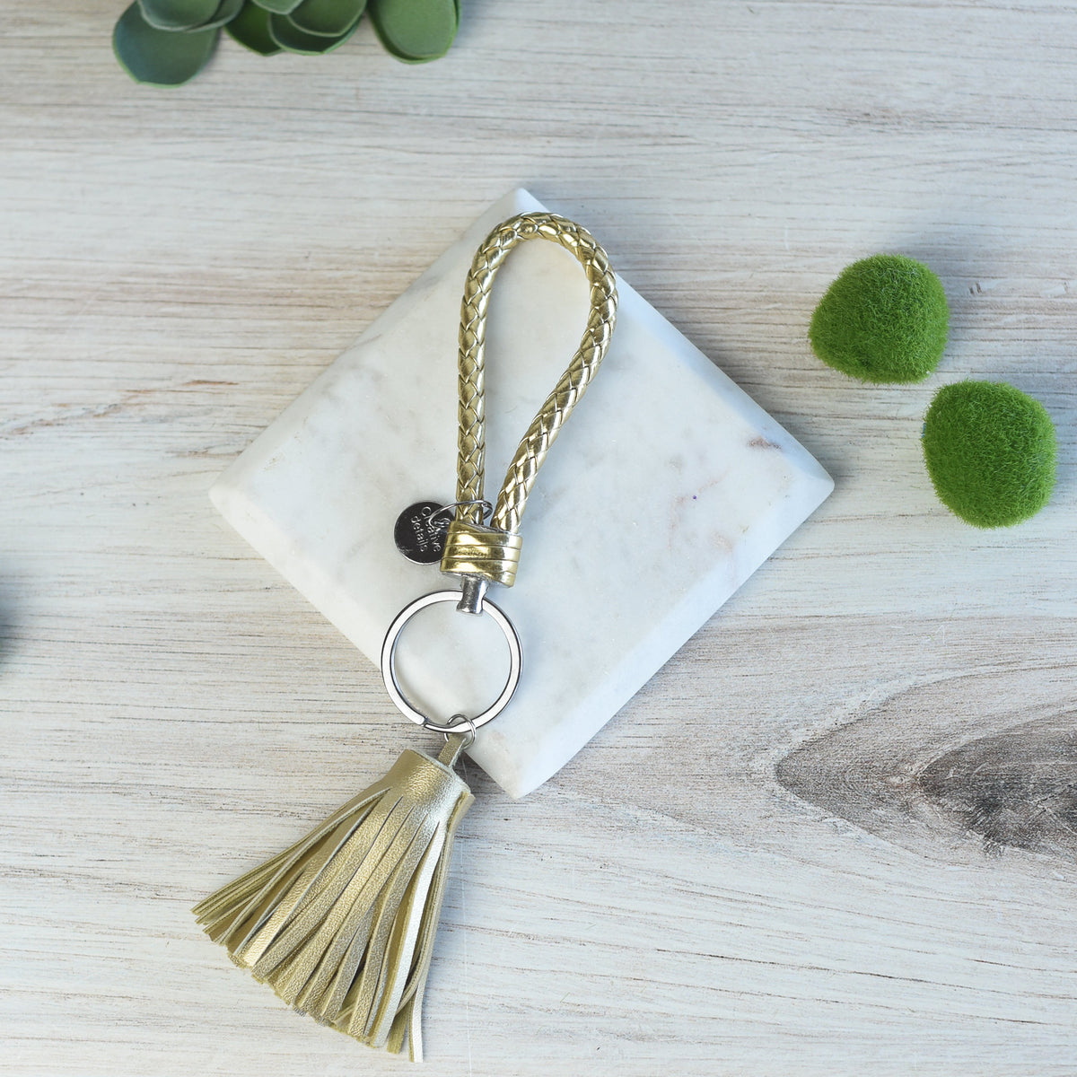 Braided Faux Leather Keychain with Tassel-Gold-Lemons and Limes Boutique