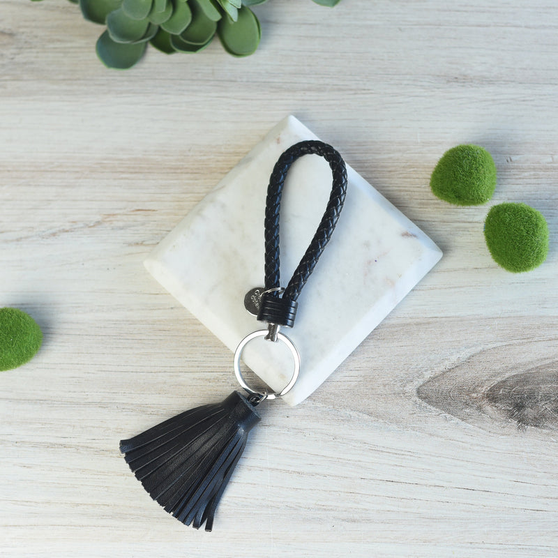 Braided Faux Leather Keychain with Tassel-Black-Lemons and Limes Boutique