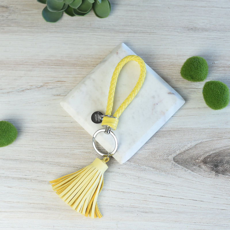 Braided Faux Leather Keychain with Tassel-Yellow-Lemons and Limes Boutique
