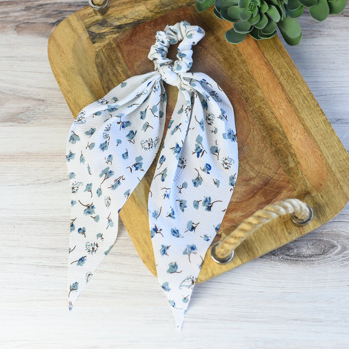 Floral Hair Scarf-White with blue flowers-Lemons and Limes Boutique