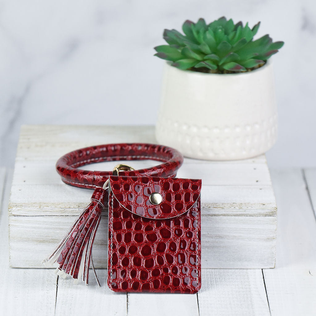 Ashley Hands Free Bangle Keychain with Card Pouch-Red Patent Croc-keychain-Lemons and Limes Boutique