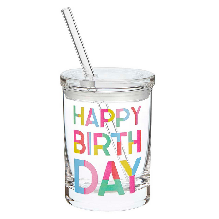 Glass DOF with Lid and Straw - Happy Birthday Block-Lemons and Limes Boutique