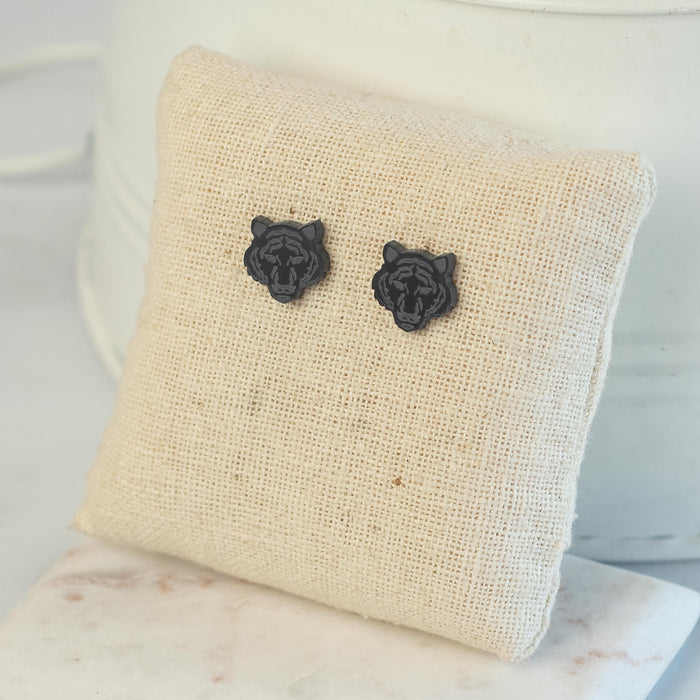 Tiger Head Stud Earrings in Gray--Lemons and Limes Boutique