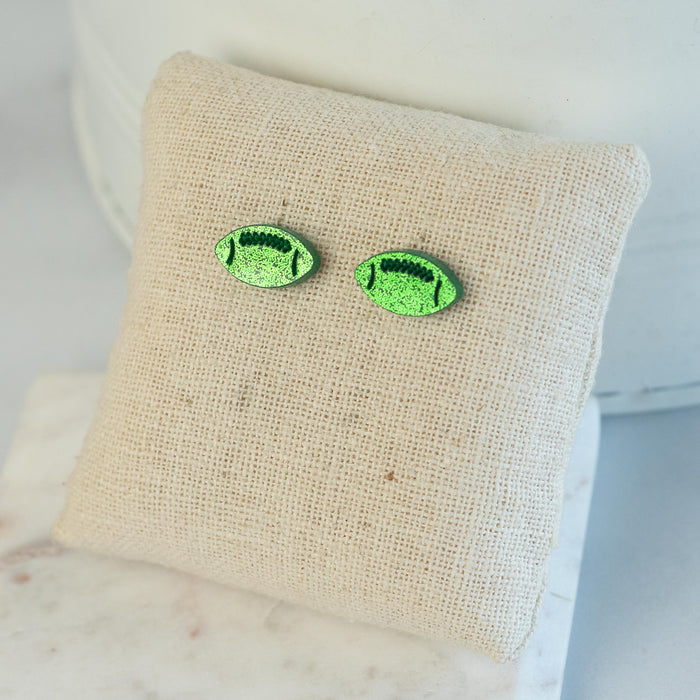 Football Stud Earrings in Green Glitter--Lemons and Limes Boutique