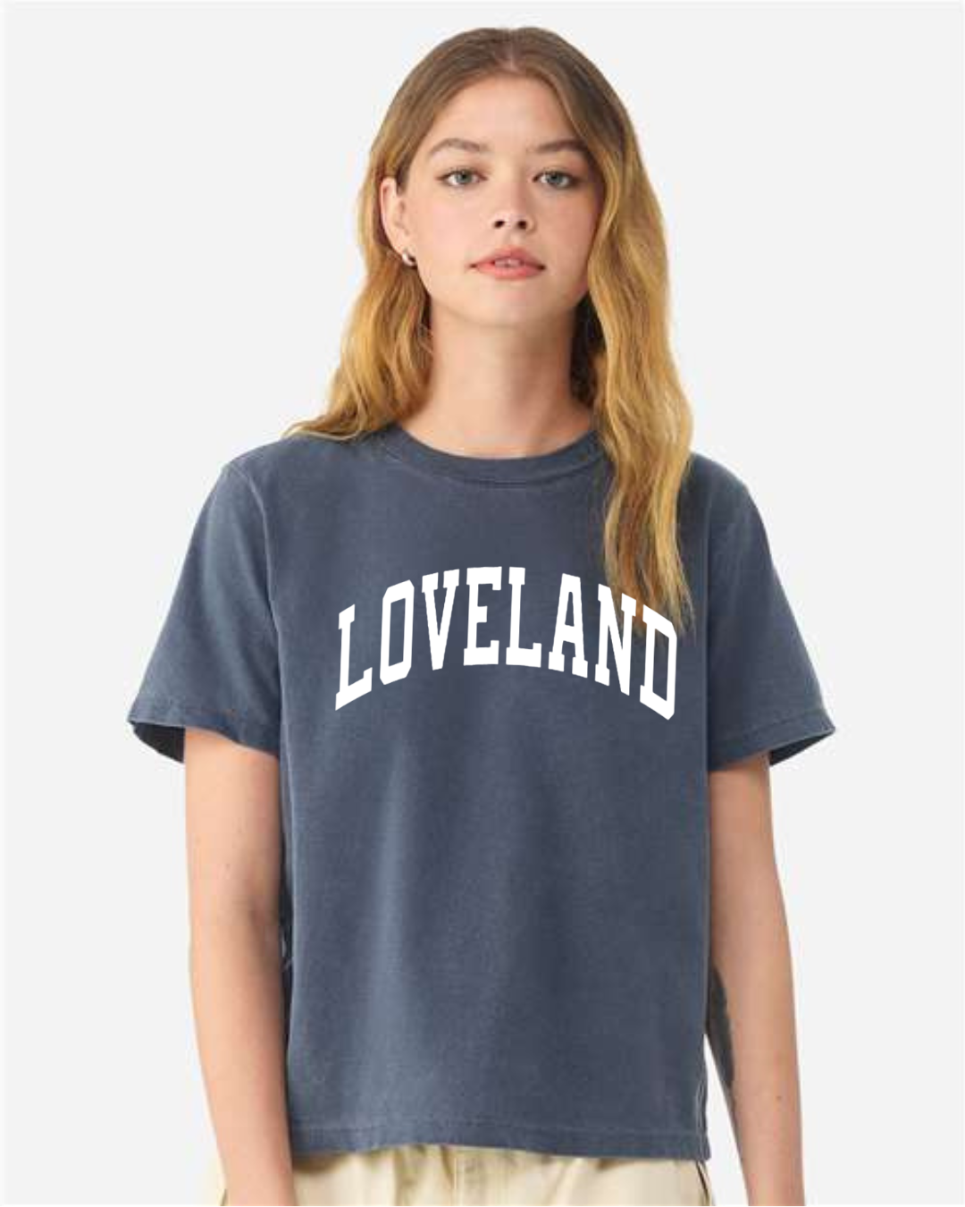 Curved Loveland on Garment Dyed T-Shirt in Washed Navy-Lemons and Limes Boutique