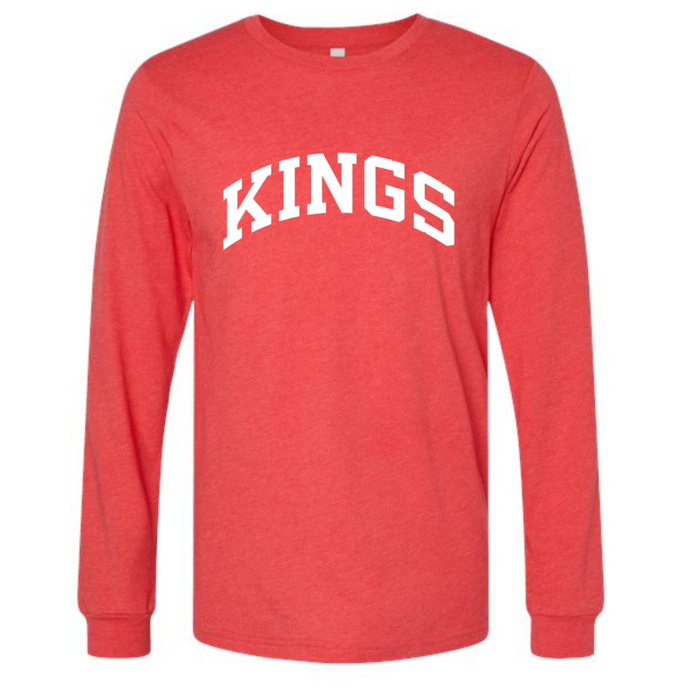 White Curved Kings on Long Sleeve Heathered Red Tee--Lemons and Limes Boutique