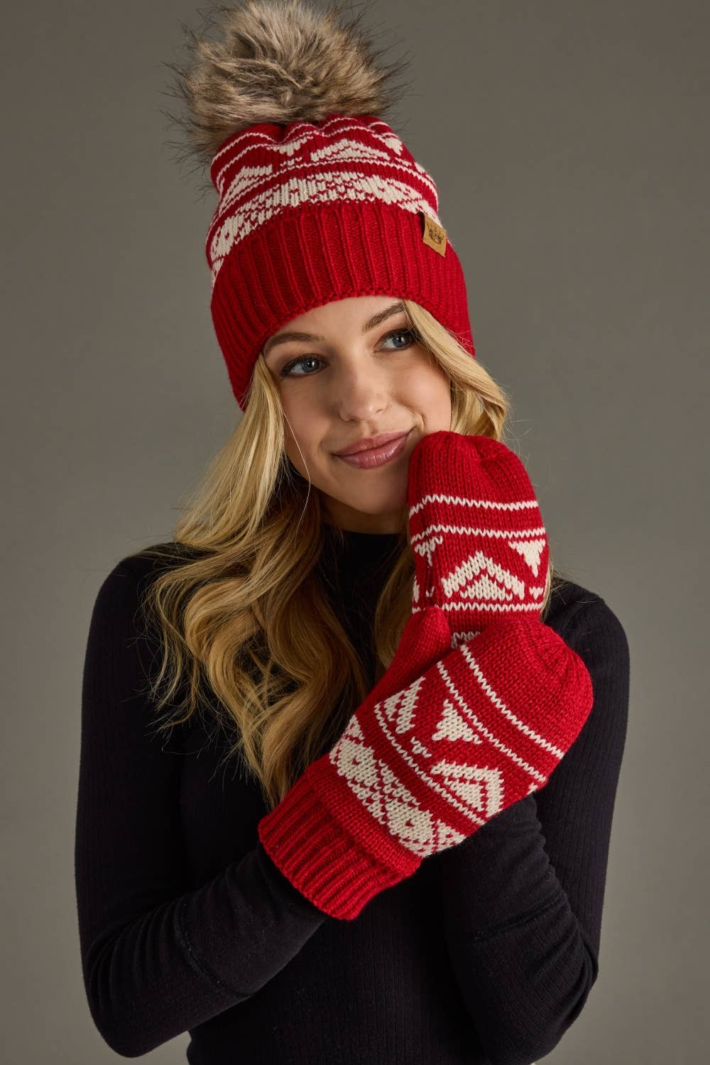 Red & Cream Patterned Pom Hat-Lemons and Limes Boutique