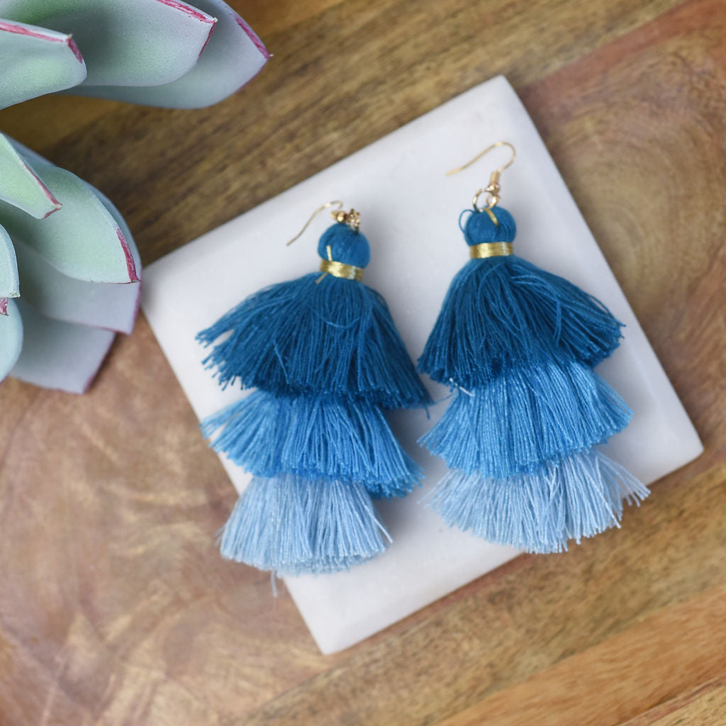 Elise Party Tassel Dangle Earrings-Dangle Earrings-Peacock Blue-Lemons and Limes Boutique