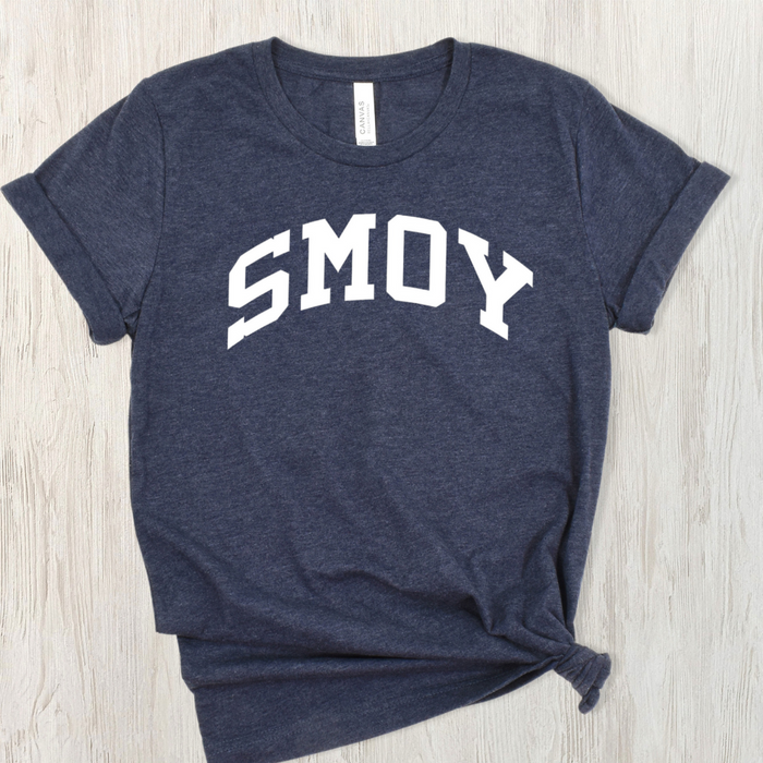 SMOY White Curved Block on Short Sleeve Tee - Adult-Heather Navy-XS-Lemons and Limes Boutique