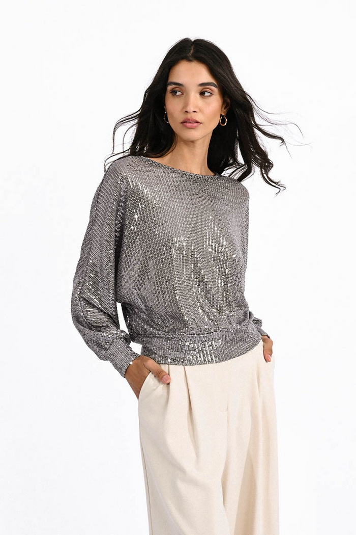 Abby Sequin Open Back Top in Silvery Grey--Lemons and Limes Boutique