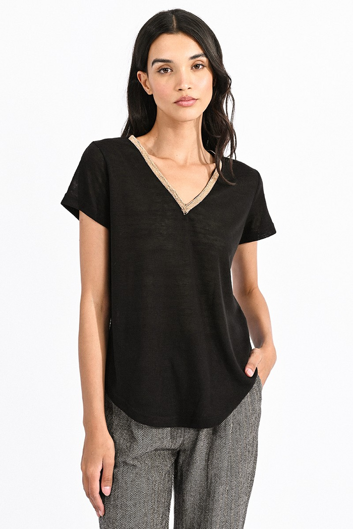 Corrine Flamed V-Neck Knitted Tee in Black--Lemons and Limes Boutique