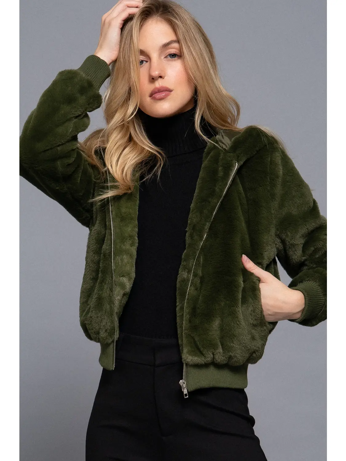 Long Sleeve Zip Up with Hoodie Faux Fur Jacket in Olive Green-Lemons and Limes Boutique