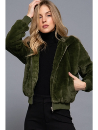 Long Sleeve Zip Up with Hoodie Faux Fur Jacket in Olive Green-Lemons and Limes Boutique