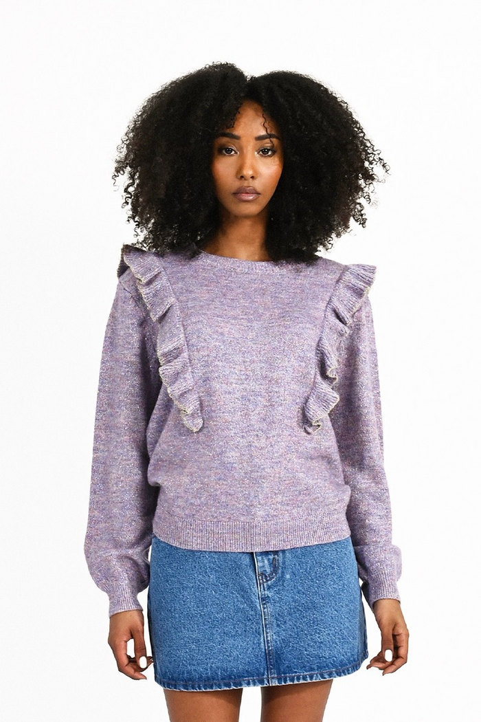 Molly Knitted Crew Neck Sweater with Ruffle in Mauve--Lemons and Limes Boutique