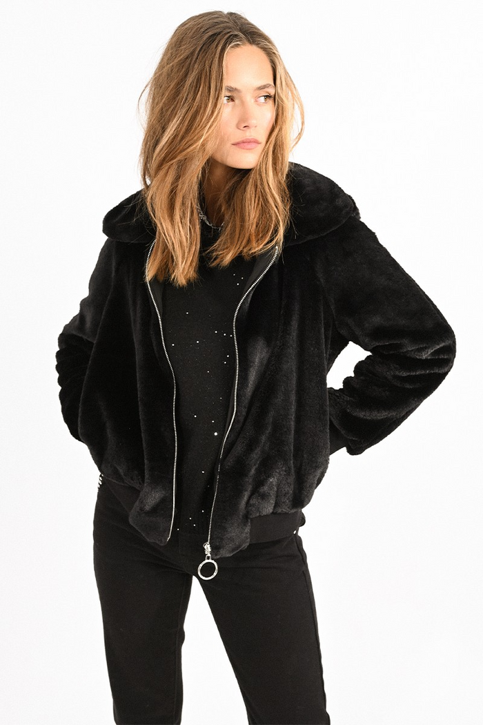 Jenny Woven Faux Fur Jacket in Black--Lemons and Limes Boutique