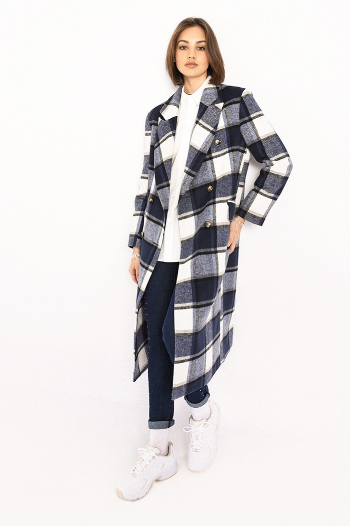 Molly Woven Plaid Coat in Navy Blue--Lemons and Limes Boutique