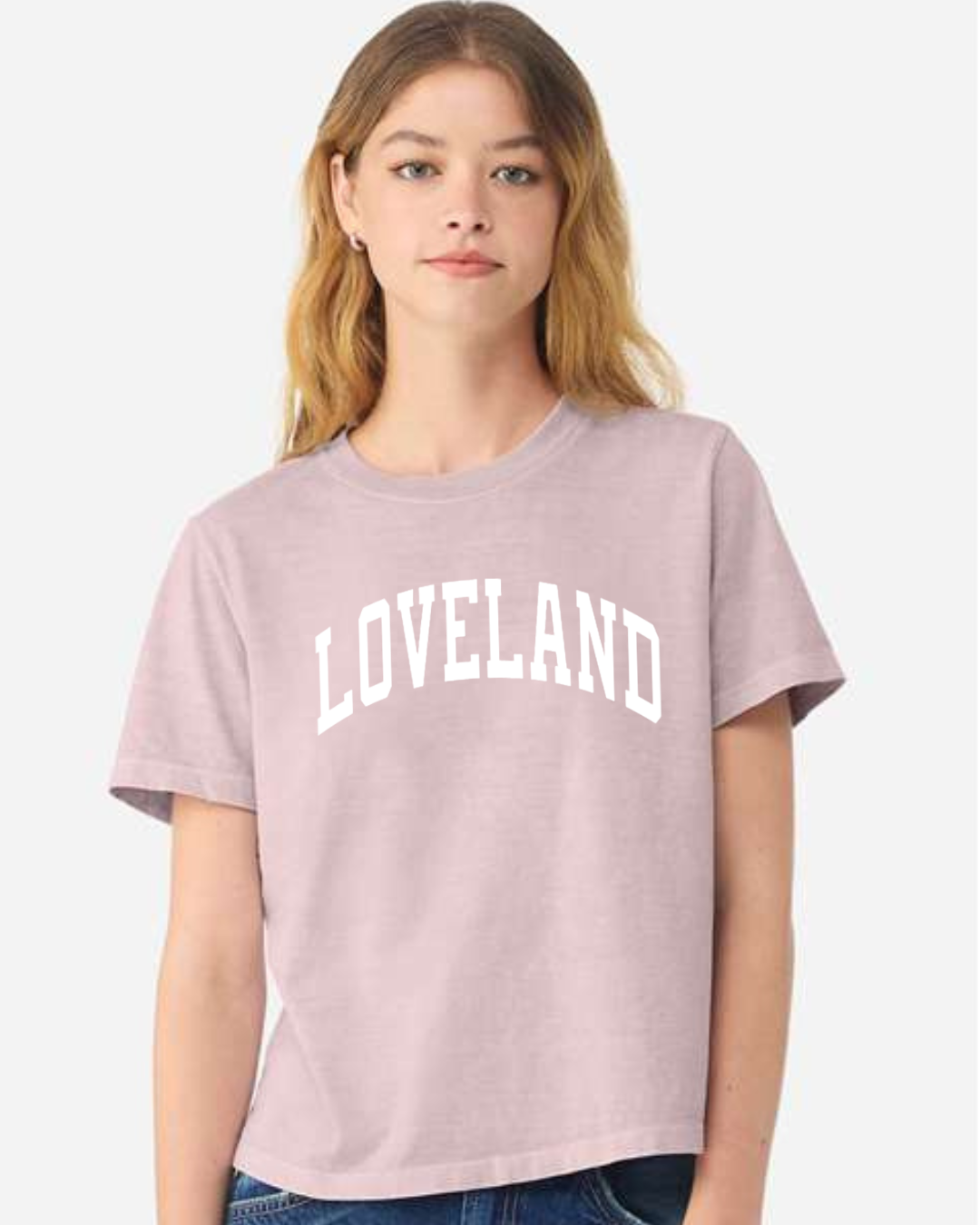 Curved Loveland on Garment Dyed T-Shirt in Washed Lavender-Lemons and Limes Boutique
