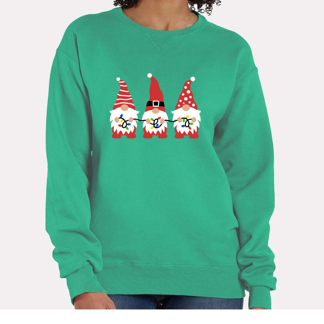 Holiday Gnomes on Green Crewneck Sweatshirt--Lemons and Limes Boutique