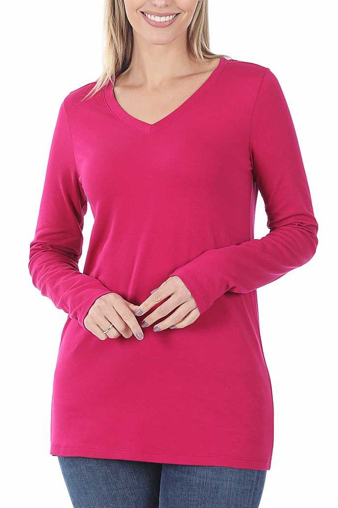 V Neck Long Sleeve Tee in Magenta-Lemons and Limes Boutique
