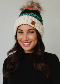 White, Green & Orange Patterned Pom Hat-Lemons and Limes Boutique