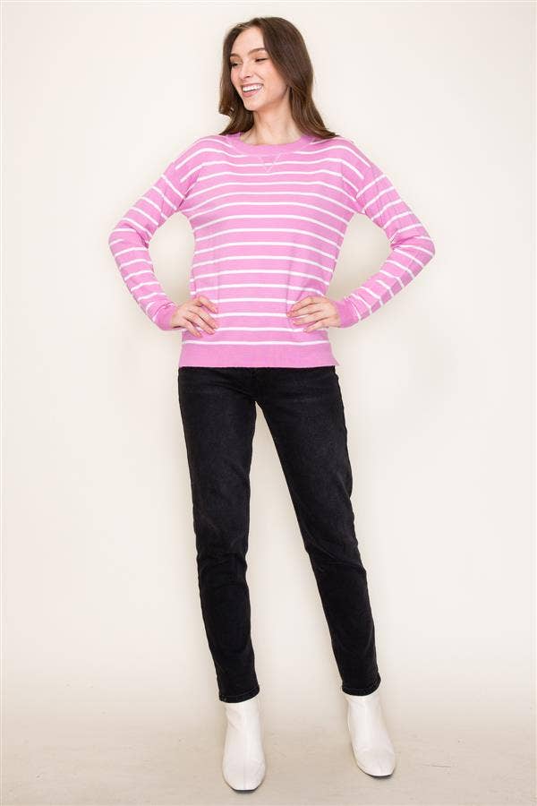 Striped Crew Neck Long Sleeve Pullover Sweater in Pink/White--Lemons and Limes Boutique