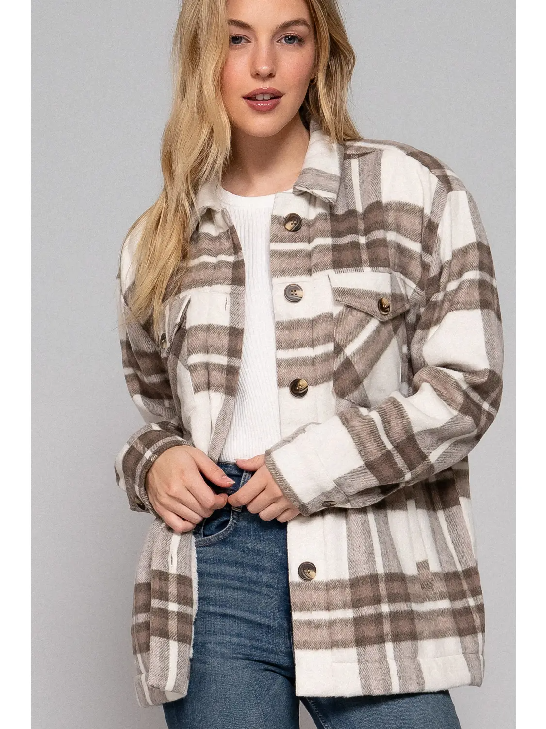 Long Sleeve Inside Faux Fur Brushed Plaid Jacket in Taupe/Brown-Lemons and Limes Boutique