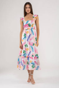 Brush Stroke Midi Dress in White Multi--Lemons and Limes Boutique