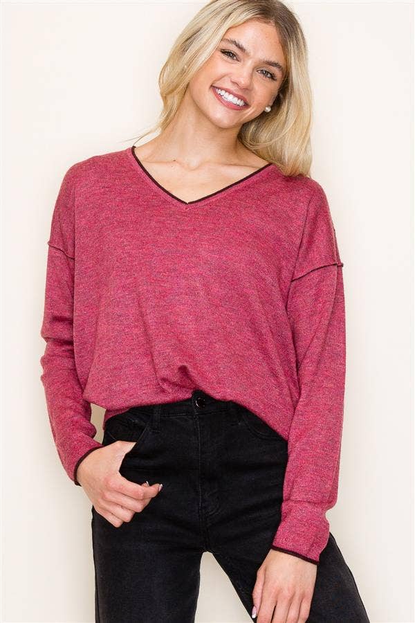 Lightweight Cashmere-Like V-Neck Pullover Sweater in Berry--Lemons and Limes Boutique