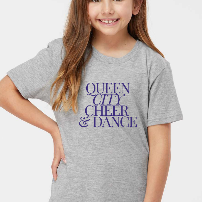 Queen City Cheer and Dance Modern Font Short Sleeve Tee: Toddler, Youth and Adult-Heather Athletic Grey-Youth Small-Lemons and Limes Boutique