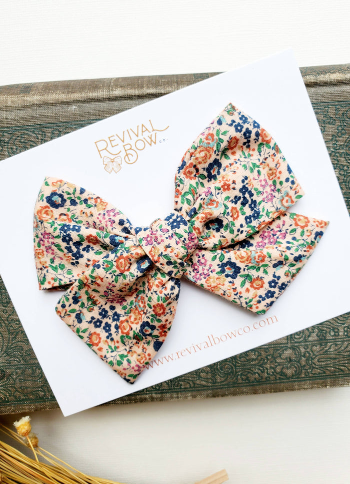 Large Fabric Bow on Clip in Vintage Floral Scatter--Lemons and Limes Boutique