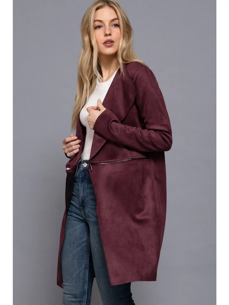 Long Sleeve Front Two Zipper Detail Faux Suede Long Jacket in Cherry Coke-Lemons and Limes Boutique