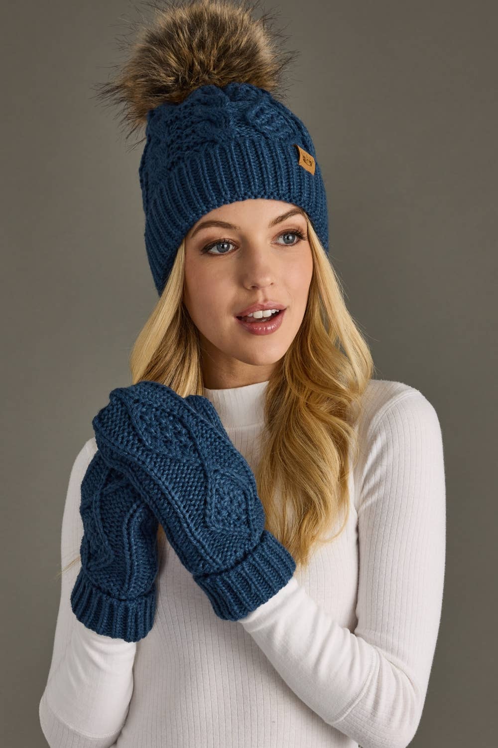 Steel Blue Cable Knit Pom Hat-Lemons and Limes Boutique
