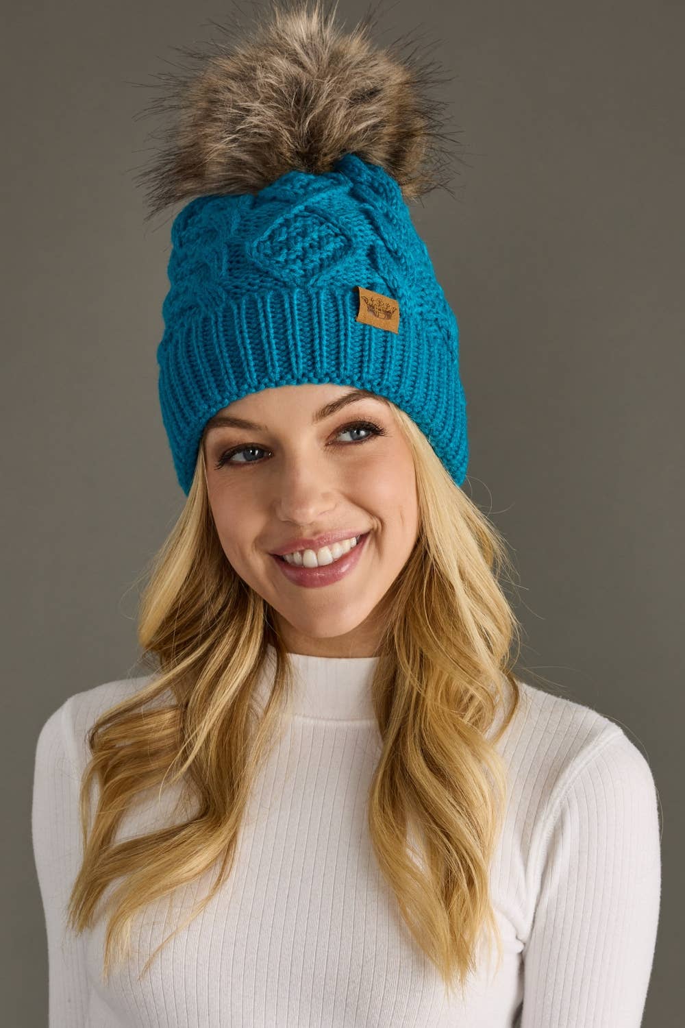 Sapphire Blue Cable Knit Pom Hat-Lemons and Limes Boutique
