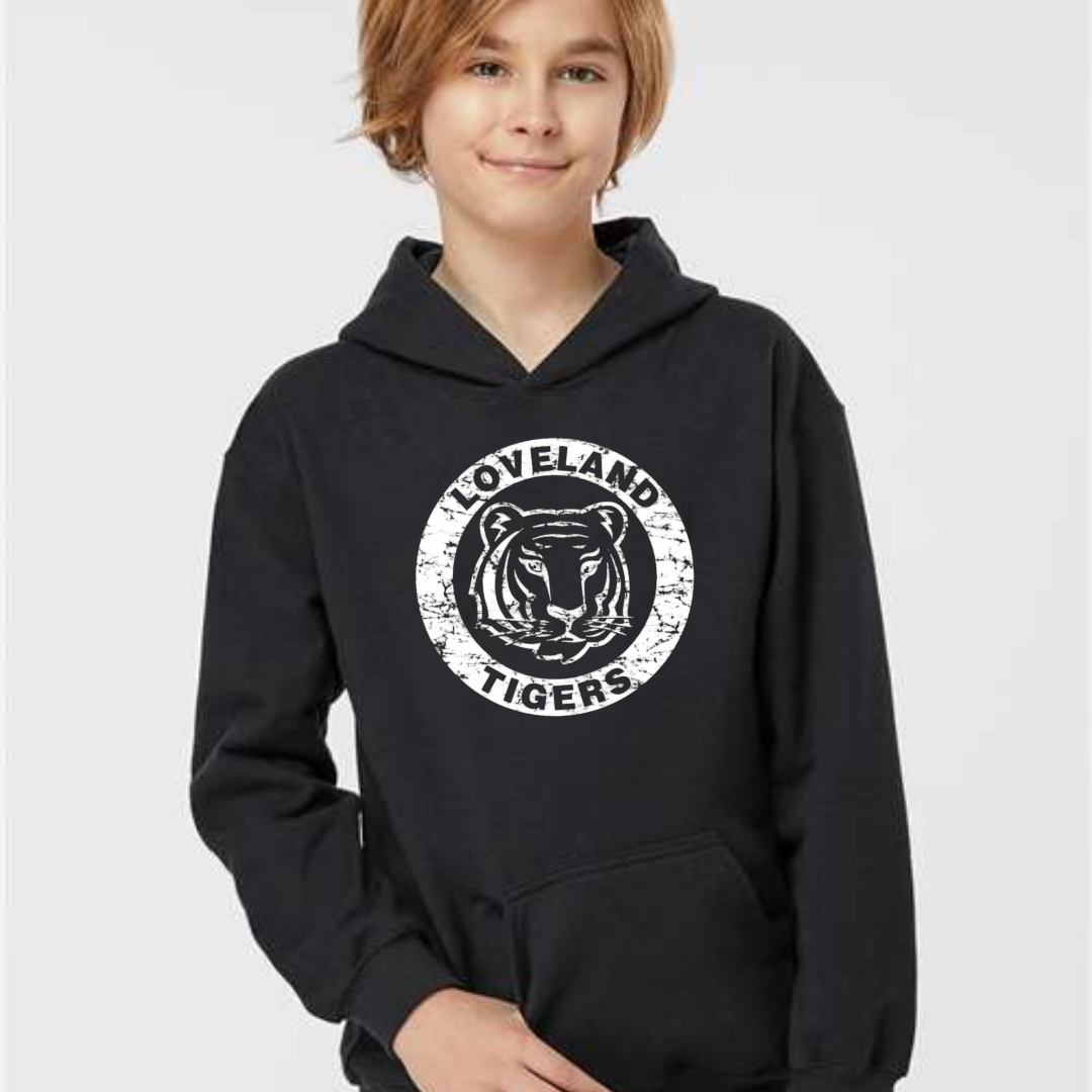 Loveland Tigers Circle on Black Hoodie--Lemons and Limes Boutique