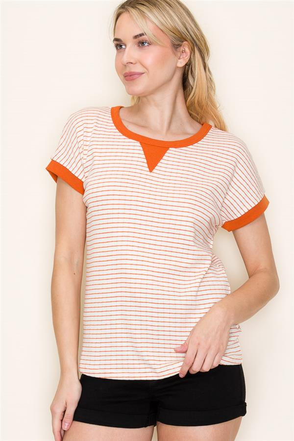 Color Trimmed Short Sleeve Top in Orange and Ivory-Lemons and Limes Boutique