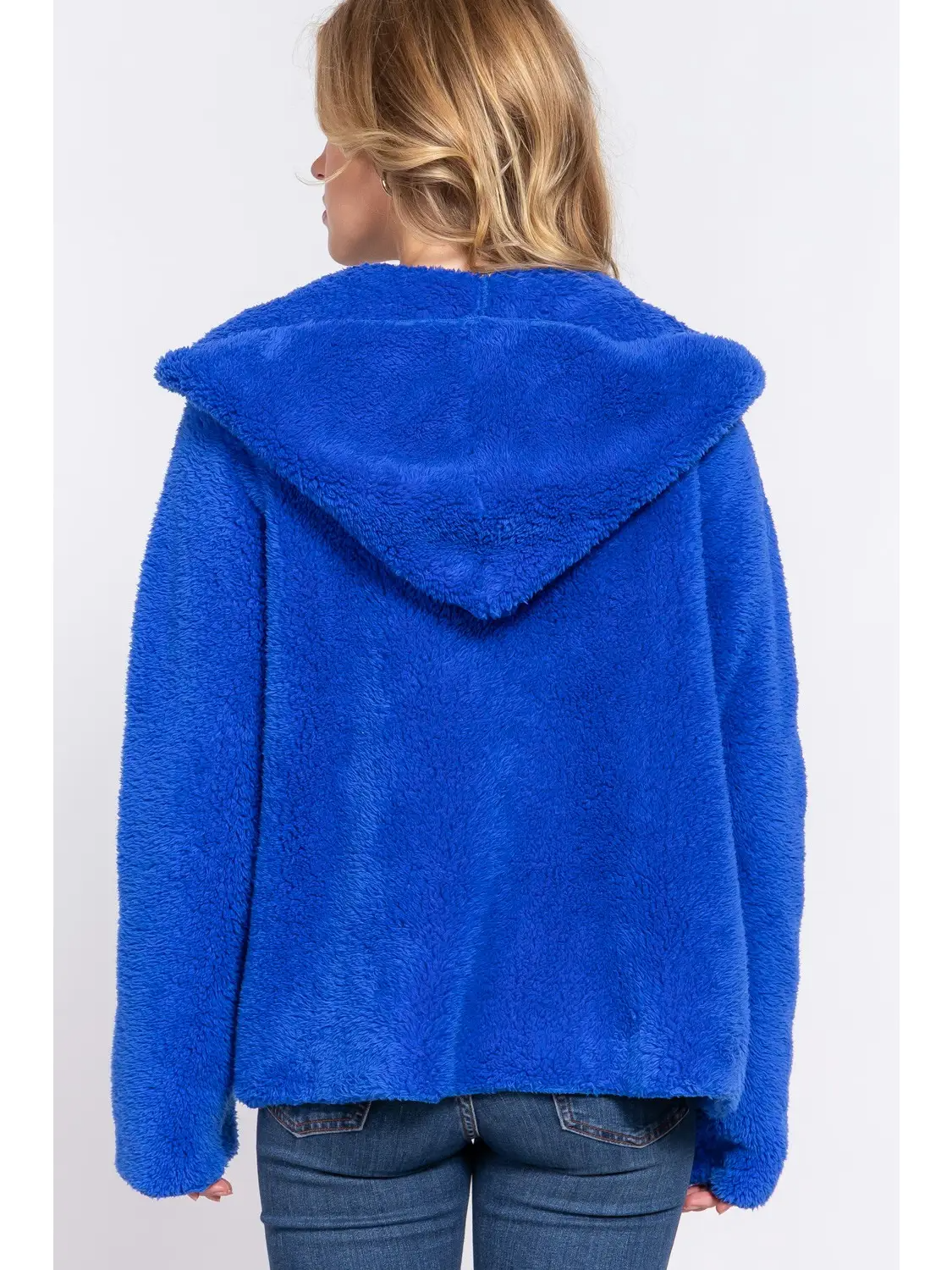 Long Dolman Sleeve Hoodie Sherpa Jacket in Royal Blue-Lemons and Limes Boutique