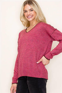 Lightweight Cashmere-Like V-Neck Pullover Sweater in Berry--Lemons and Limes Boutique