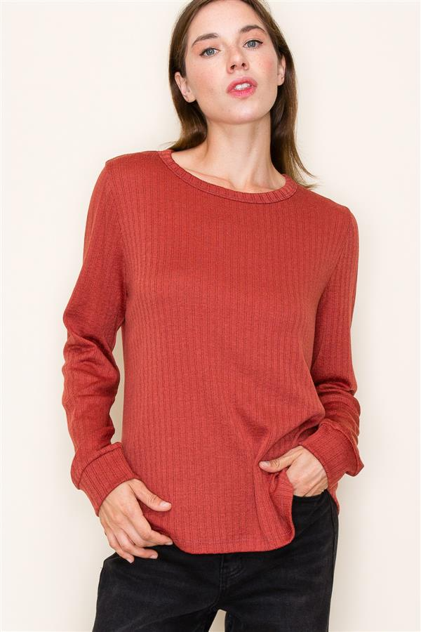 Crew Neck, Long Sleeve Top in Brick-Lemons and Limes Boutique