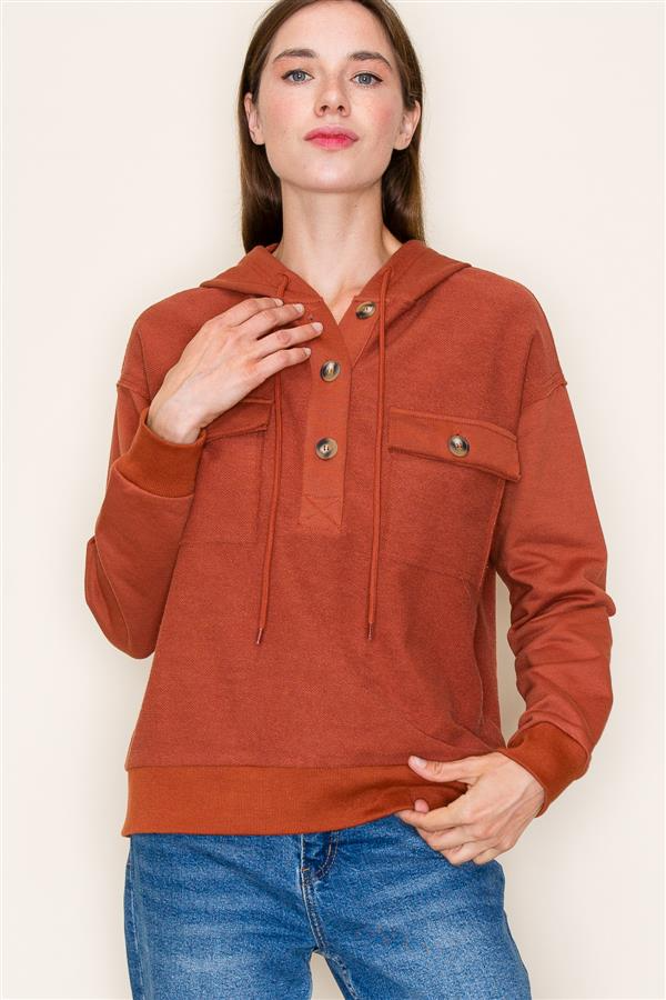 Hooded, Button Down, Long Sleeve Top in Rust-Lemons and Limes Boutique
