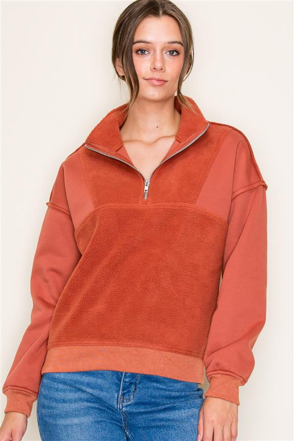 Polo Collar, Long Sleeve, Fleece Terry Top in Rust-Lemons and Limes Boutique