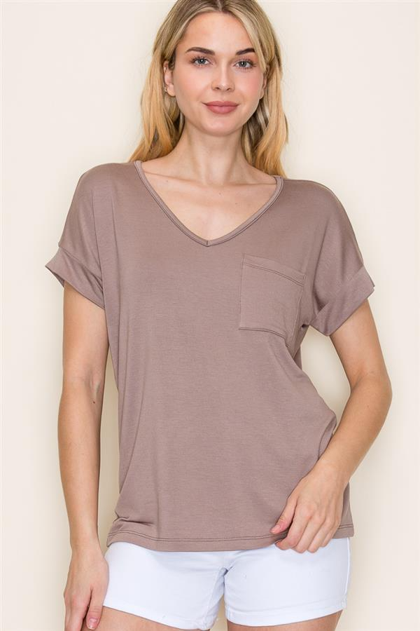 V Neck, Extended Short Sleeve Top in Lt. Mocha-Lemons and Limes Boutique